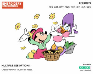 Minnie Mouse, Daisy Duck Throwing Flowers Into The Air From A Basket - Disney Characters - Springtime - Holiday Inspired Embroidery Design in 3 sizes & 8 formats