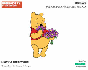 Winnie The Pooh Smelling Flowers - Disney Characters - Springtime - Holiday Inspired Embroidery Design in 3 sizes & 8 formats