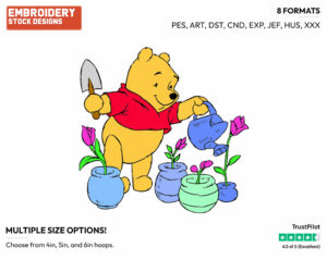 Winnie The Pooh Watering Flowers - Disney Characters - Springtime - Holiday Inspired Embroidery Design in 3 sizes & 8 formats