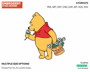 Winnie The Pooh Smelling Flower - Disney Characters - Springtime - Holiday Inspired Embroidery Design in 3 sizes & 8 formats