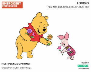 Pooh, Piglet Picking Flowers - Disney Characters - Springtime - Holiday Inspired Embroidery Design in 3 sizes & 8 formats