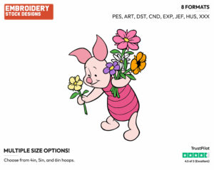 Piglet Picking Flowers - Disney Characters - Springtime - Holiday Inspired Embroidery Design in 3 sizes & 8 formats