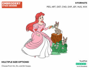 Ariel In Pink Dress Feeding Carrot To Rabbit - Disney Characters - Springtime - Holiday Inspired Embroidery Design in 3 sizes & 8 formats
