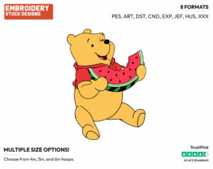Winnie The Pooh Eating Watermelon - Disney Characters - Summertime - Holiday Inspired Embroidery Design in 3 sizes & 8 formats