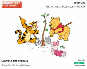 Winnie The Pooh, Piglet, Tigger Planting Tree - Disney Characters - Summertime - Holiday Inspired Embroidery Design in 3 sizes & 8 formats