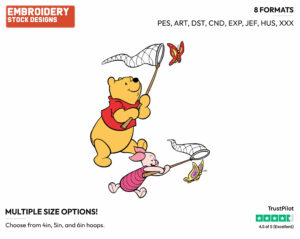 Winnie, Piglet Chasing Butterflies - Disney Characters - Summertime - Holiday Inspired Embroidery Design in 3 sizes & 8 formats