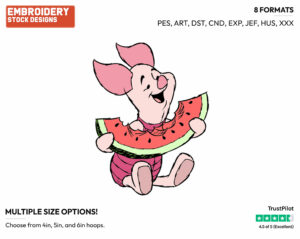 Piglet Eating Watermelon - Disney Characters - Summertime - Holiday Inspired Embroidery Design in 3 sizes & 8 formats