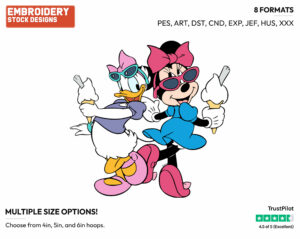 Minnie Mouse And Daisy Duck Enjoying Ice Cream Cones - Disney Characters - Summertime - Holiday Inspired Embroidery Design in 3 sizes & 8 formats