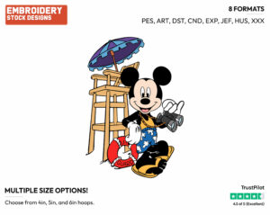 Mickey The Lifeguard - Disney Characters - Summertime - Holiday Inspired Embroidery Design in 3 sizes & 8 formats