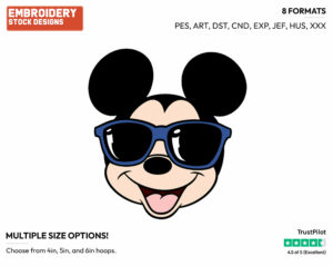 Mickey Wearing Sunglasses - Disney Characters - Summertime - Holiday Inspired Embroidery Design in 3 sizes & 8 formats