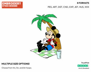 Mickey Mouse Sitting Against Palm Tree - Disney Characters - Summertime - Holiday Inspired Embroidery Design in 3 sizes & 8 formats