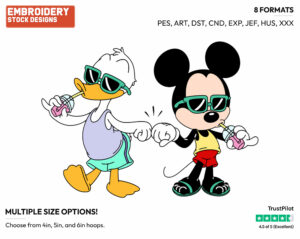 Donald Duck, Mickey Mouse Fist Bump - Disney Characters - Summertime - Holiday Inspired Embroidery Design in 3 sizes & 8 formats