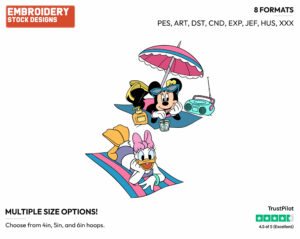 Minnie, Daisy Relaxing On The Beach - Disney Characters - Summertime - Holiday Inspired Embroidery Design in 3 sizes & 8 formats