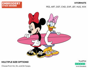 Minnie, Daisy, Surfboard - Disney Characters - Summertime - Holiday Inspired Embroidery Design in 3 sizes & 8 formats