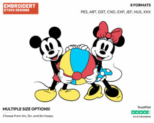 Classic Mickey, Minnie Holding A Beachball - Disney Characters - Summertime - Holiday Inspired Embroidery Design in 3 sizes & 8 formats