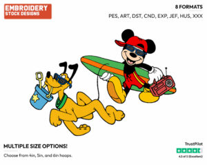 Mickey Mouse, Pluto Going To The Beach - Disney Characters - Summertime - Holiday Inspired Embroidery Design in 3 sizes & 8 formats