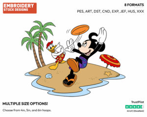 Mickey Mouse, Donald Duck Playing Frisbee On Beach - Disney Characters - Summertime - Holiday Inspired Embroidery Design in 3 sizes & 8 formats