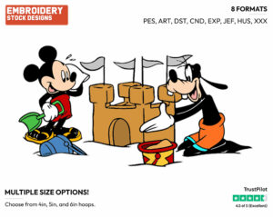 Mickey, Goofy Building Sandcastle - Disney Characters - Summertime - Holiday Inspired Embroidery Design in 3 sizes & 8 formats