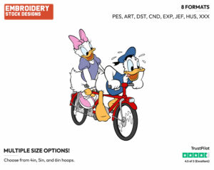 Donald, Daisy Riding Bicycle - Disney Characters - Summertime - Holiday Inspired Embroidery Design in 3 sizes & 8 formats