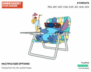 Stitch Relaxing In A Beach Chair With A Glass Of Lemonade - Disney Characters - Summertime - Holiday Inspired Embroidery Design in 3 sizes & 8 formats