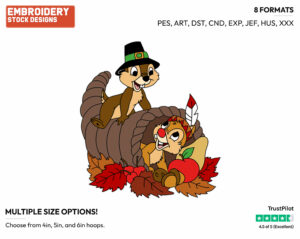 Chip, Dale Thanksgiving - Disney Characters - Thanksgiving - Holiday Inspired Embroidery Design in 3 sizes & 8 formats