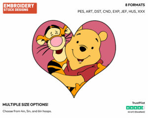 Winnie The Pooh, Tigger Hugging - Disney Characters - Valentine's Day - Holiday Inspired Embroidery Design in 3 sizes & 8 formats