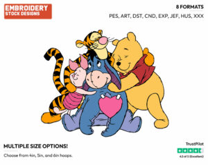 Winnie The Pooh, Piglet, Tigger, Eeyore Group Hug - Disney Characters - Valentine's Day - Holiday Inspired Embroidery Design in 3 sizes & 8 formats