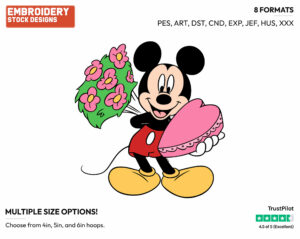 Mickey Mouse With A Bouquet And A Box Of Chocolates - Disney Characters - Valentine's Day - Holiday Inspired Embroidery Design in 3 sizes & 8 formats