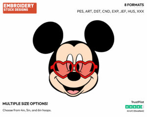 Mickey Mouse Wearing Rosy Heart-Shaped Glasses - Disney Characters - Valentine's Day - Holiday Inspired Embroidery Design in 3 sizes & 8 formats