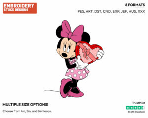 Minnie Mouse Holding Heart-Shaped Box Of Chocolates - Disney Characters - Valentine's Day - Holiday Inspired Embroidery Design in 3 sizes & 8 formats