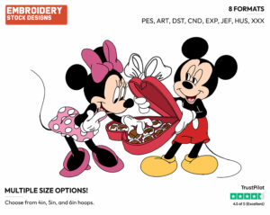Mickey Offering Mickey A Box Of Chocolates - Disney Characters - Valentine's Day - Holiday Inspired Embroidery Design in 3 sizes & 8 formats