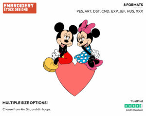 Mickey, Minnie Heart - Disney Characters - Valentine's Day - Holiday Inspired Embroidery Design in 3 sizes & 8 formats