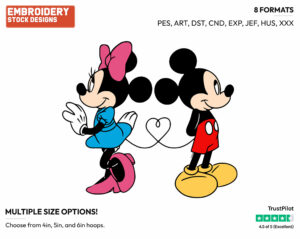 Mickey, Minnie Standing Back To Back With Their Tails Entwined In The Shape Of A Heart - Disney Characters - Valentine's Day - Holiday Inspired Embroidery Design in 3 sizes & 8 formats