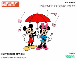 Mickey, Minnie Standing Under Umbrella As It's Raining Hearts - Disney Characters - Valentine's Day - Holiday Inspired Embroidery Design in 3 sizes & 8 formats