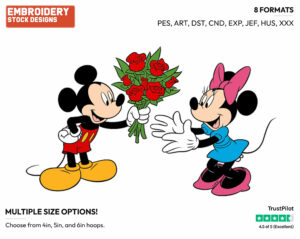 Mickey Offering Minnie Roses Bouquet - Disney Characters - Valentine's Day - Holiday Inspired Embroidery Design in 3 sizes & 8 formats