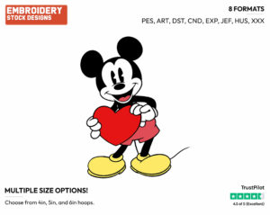 Classic Mickey, Heart - Disney Characters - Valentine's Day - Holiday Inspired Embroidery Design in 3 sizes & 8 formats