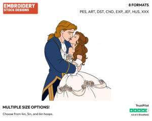 Belle, Prince Kissing - Disney Characters - Weddings - Holiday Inspired Embroidery Design in 3 sizes & 8 formats