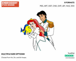 Ariel, Eric, Flounder - Disney Characters - Weddings - Holiday Inspired Embroidery Design in 3 sizes & 8 formats