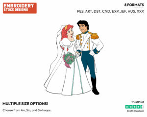 Ariel, Eric - Disney Characters - Weddings - Holiday Inspired Embroidery Design in 3 sizes & 8 formats