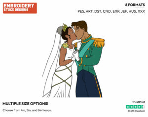 Tiana, Naveen Kissing - Disney Characters - Weddings - Holiday Inspired Embroidery Design in 3 sizes & 8 formats