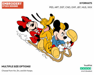 Mickey, Minnie And Pluto Sledding - Disney Characters - Wintertime - Holiday Inspired Embroidery Design in 3 sizes & 8 formats