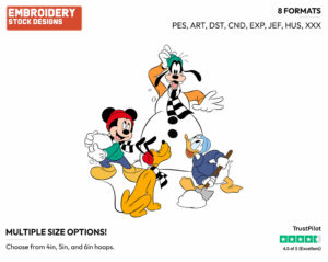 Mickey, Pluto, Donald, Goofy Building A Snowman - Disney Characters - Wintertime - Holiday Inspired Embroidery Design in 3 sizes & 8 formats