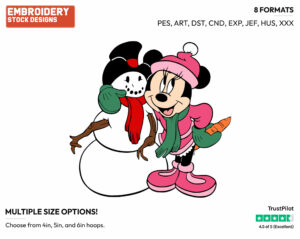 Minnie Mouse Hugging Her Snowman - Disney Characters - Wintertime - Holiday Inspired Embroidery Design in 3 sizes & 8 formats