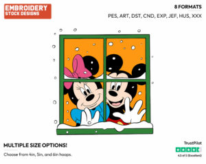 Mickey, Minnie Looking From Window In Winter - Disney Characters - Wintertime - Holiday Inspired Embroidery Design in 3 sizes & 8 formats