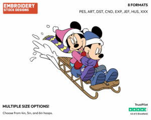 Mickey, Minnie Sledding - Disney Characters - Wintertime - Holiday Inspired Embroidery Design in 3 sizes & 8 formats
