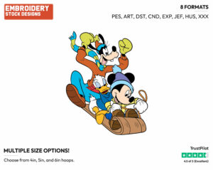 Mickey Mouse, Goofy, Donald Duck Sledding - Disney Characters - Wintertime - Holiday Inspired Embroidery Design in 3 sizes & 8 formats