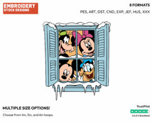 Mickey Mouse, Minnie Mouse, Donald Duck, Goofy Looking Out Frosty Window - Disney Characters - Wintertime - Holiday Inspired Embroidery Design in 3 sizes & 8 formats