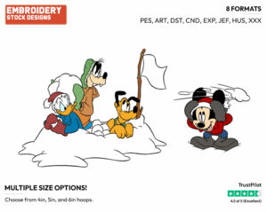 Mickey Mouse, Donald Duck, Goofy Snowball Fight - Disney Characters - Wintertime - Holiday Inspired Embroidery Design in 3 sizes & 8 formats