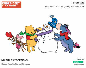 Pooh, Piglet, Eeyore, Tigger Building A Snowman - Disney Characters - Wintertime - Holiday Inspired Embroidery Design in 3 sizes & 8 formats