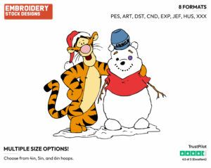 Tigger Standing Next To Snowman Pooh - Disney Characters - Wintertime - Holiday Inspired Embroidery Design in 3 sizes & 8 formats